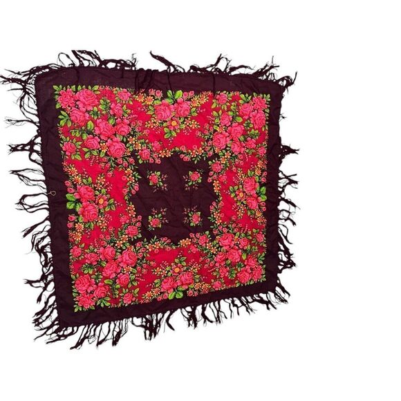 VINTAGE RARE SCARF VINTAGE AUTHENTIC FLORAL ART ROSES burgundy, GREEN approximat - Picture 2 of 6